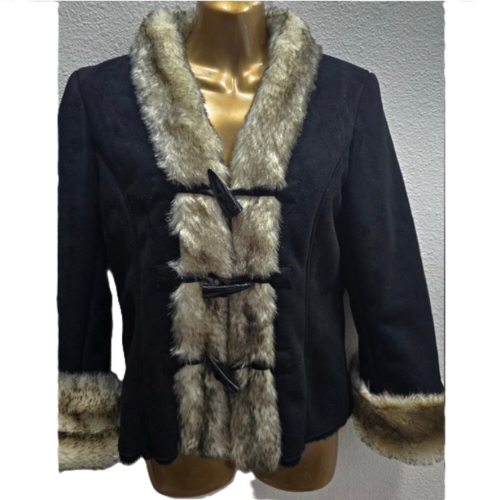 White House Black Market Black Faux Suede w/Faux fur trim jacket size XS
